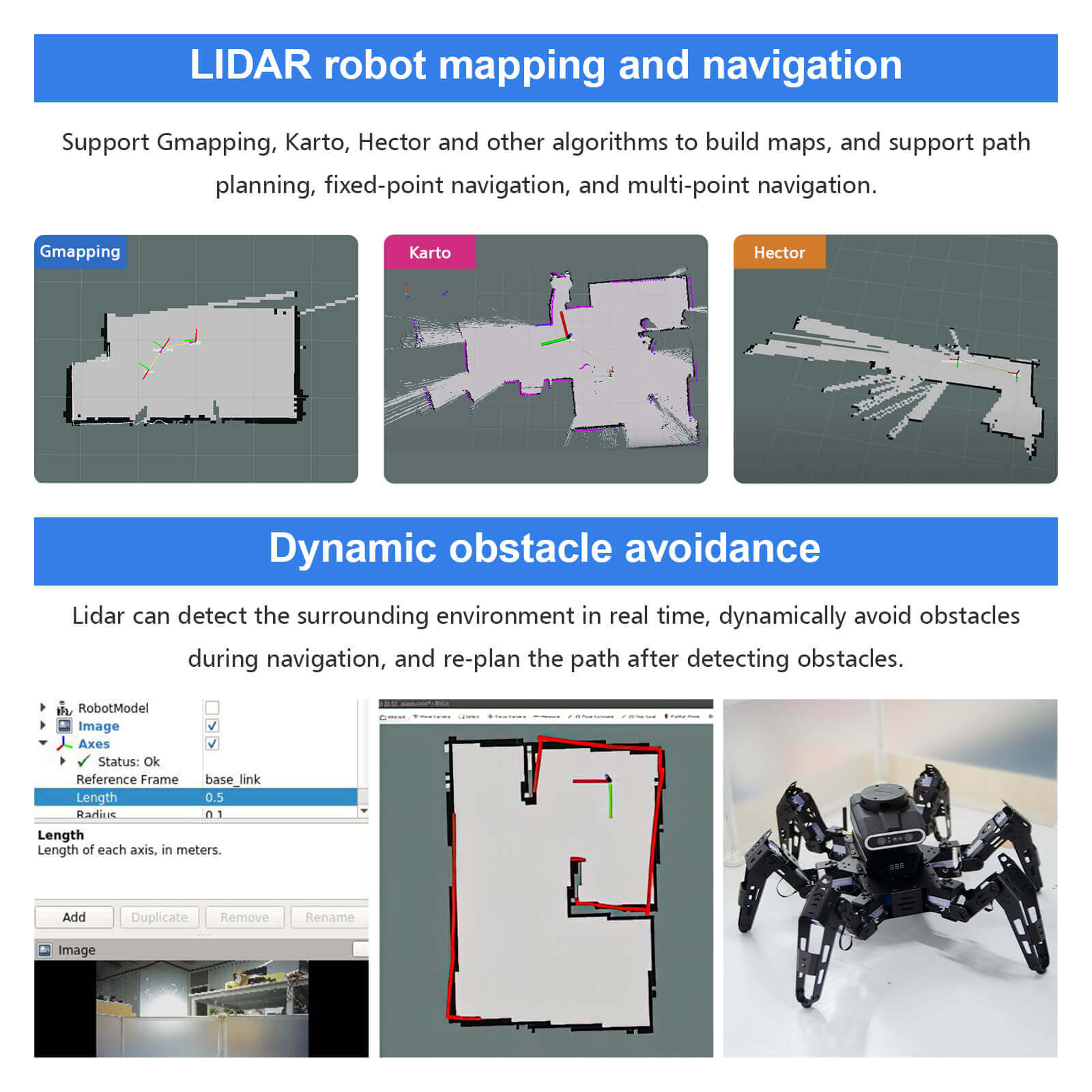 Jestson Nano Phage ROS SLAM Lidar Hexapod Smart Programmable Robot kits support gmapping, karto, hector and other algorithms to build maps, and support path planning, fixed-point navigation, and multi-point navigation