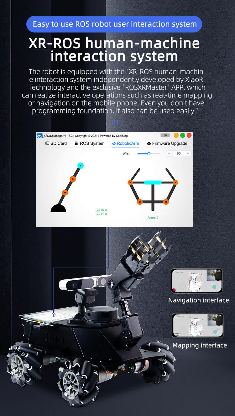 XiaoR GEEK MROS Lidar Depth Camera Mecanum Wheel AI Robot Car With Robotic Arm