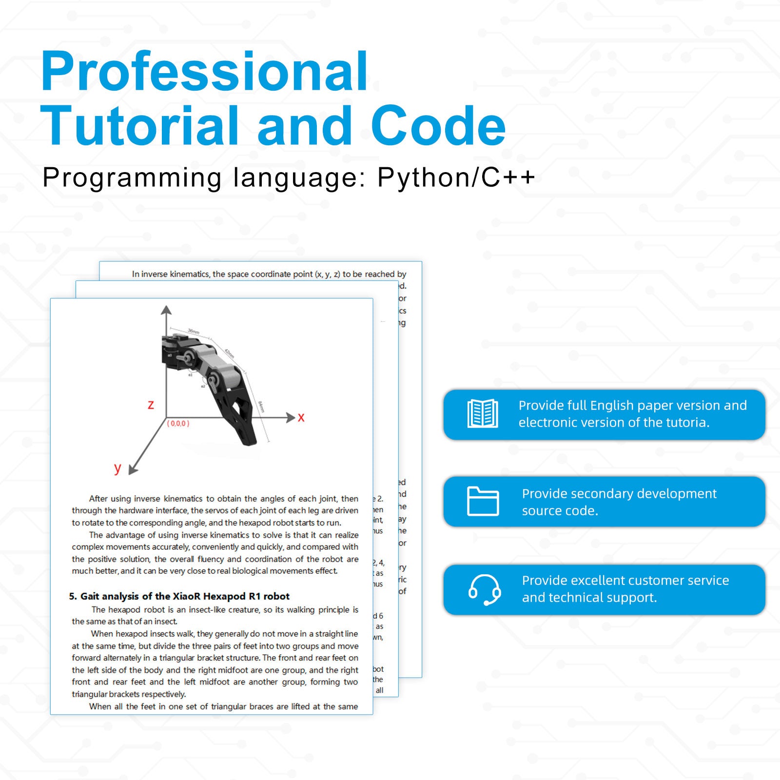 Raspberry pi bionic hexapod spider programmable robot provide professional tutorial and code， the programming language is Python and C++