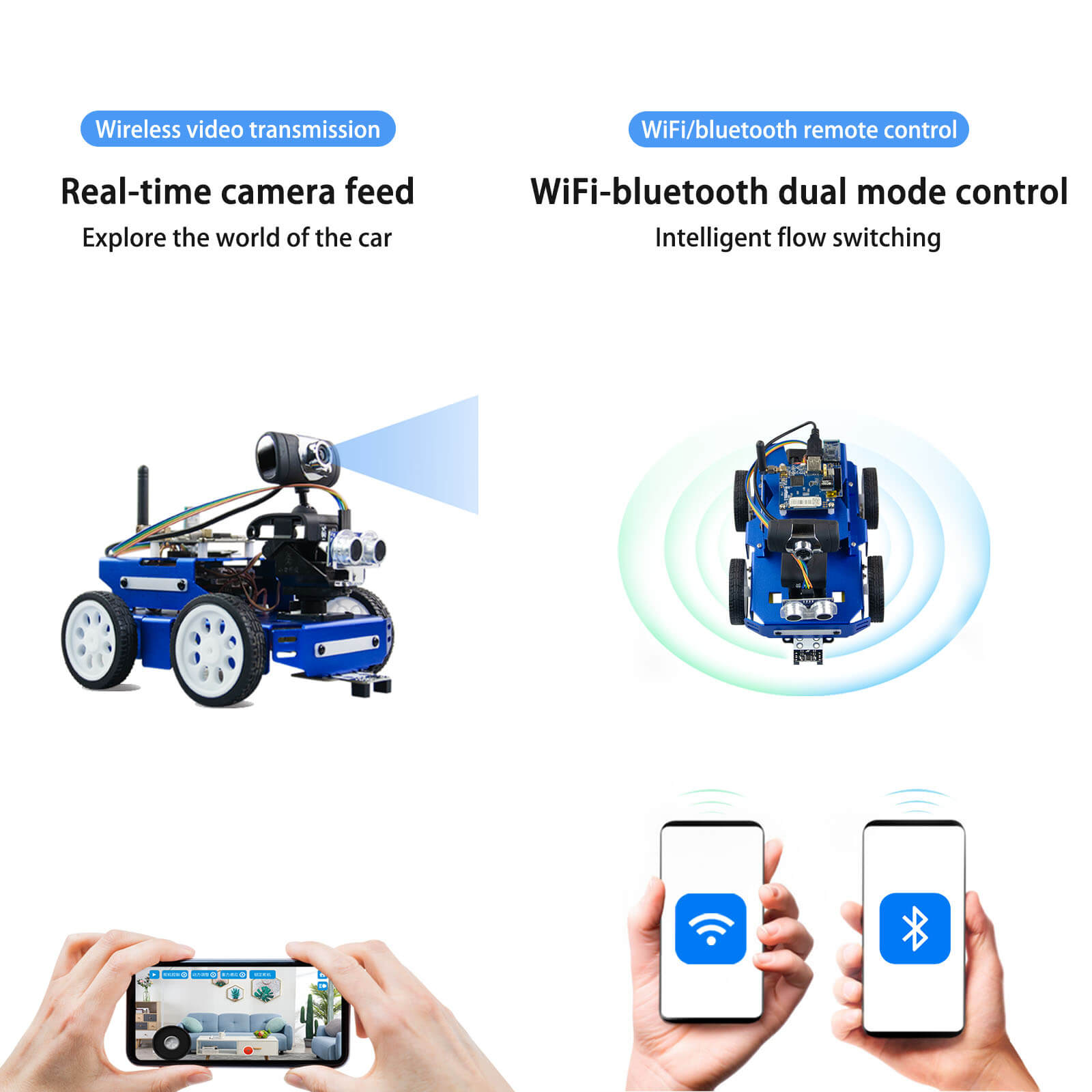 DS-X programmable robot car has wireless video transmission and  can be controlled by WiFi and bluetooth