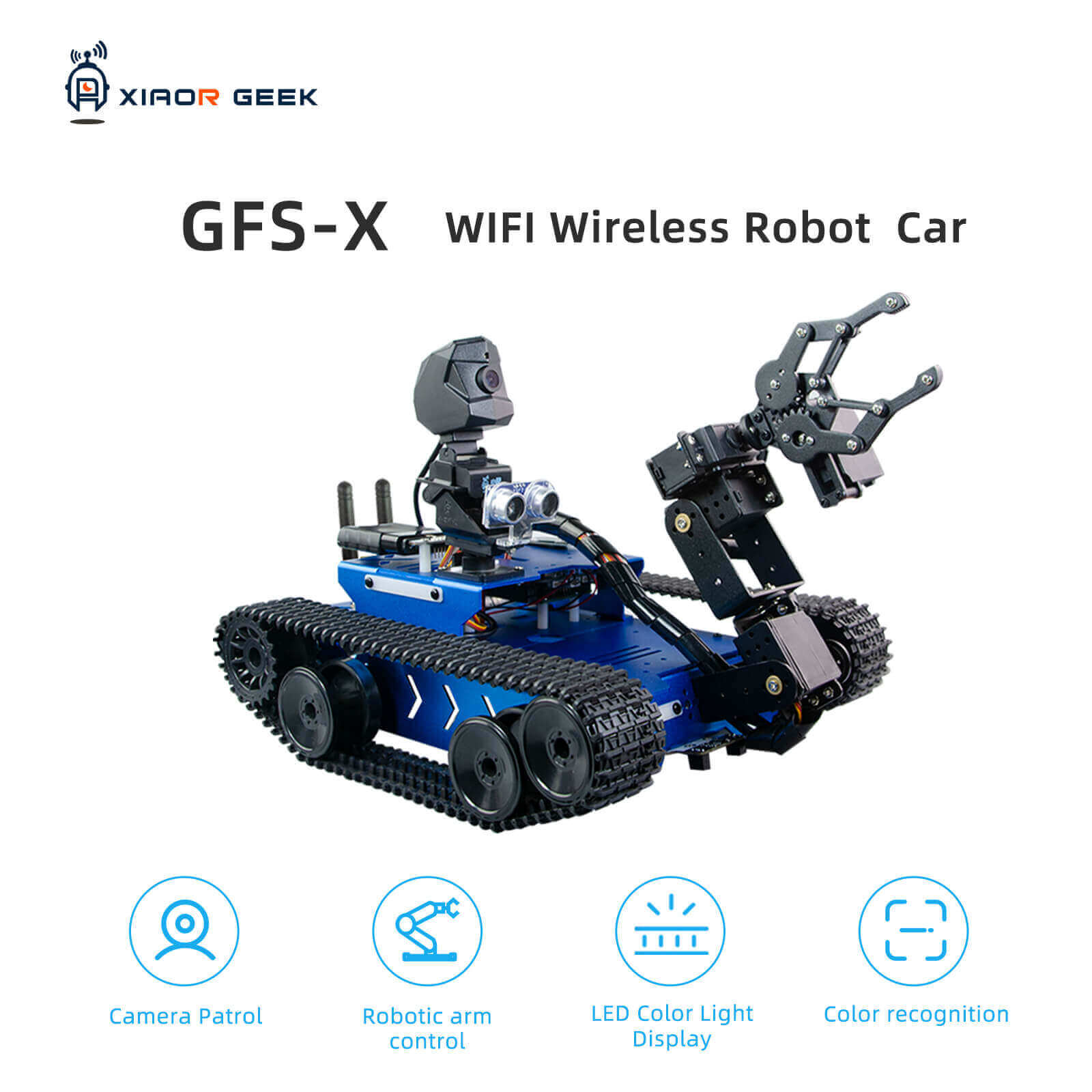 GFSX programmable smart robot car compatible with Arduino UNO, STM32,Raspberry Pi. the feature including camera patrol, robotic arm control, led color light display, color regogition